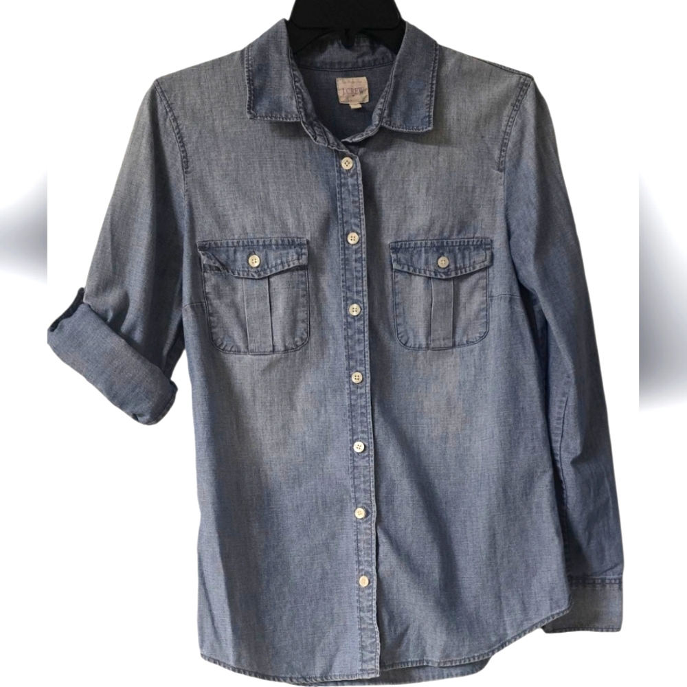 J. Crew Clasic Denim Chambray Button-Up Roll Tab Sleeves Shirt Size S - Picture 2 of 10